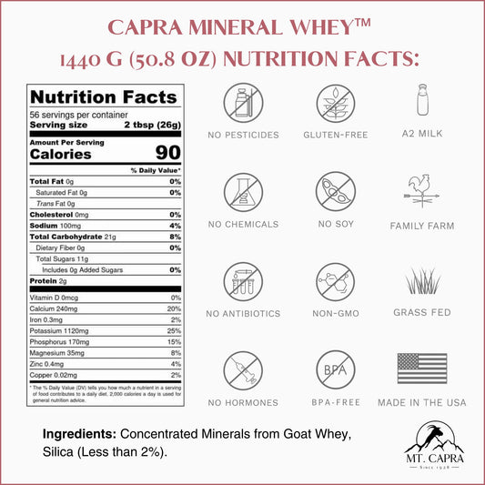 Mt Capra Mineral Whey powder scoop beside a glass ready to mix