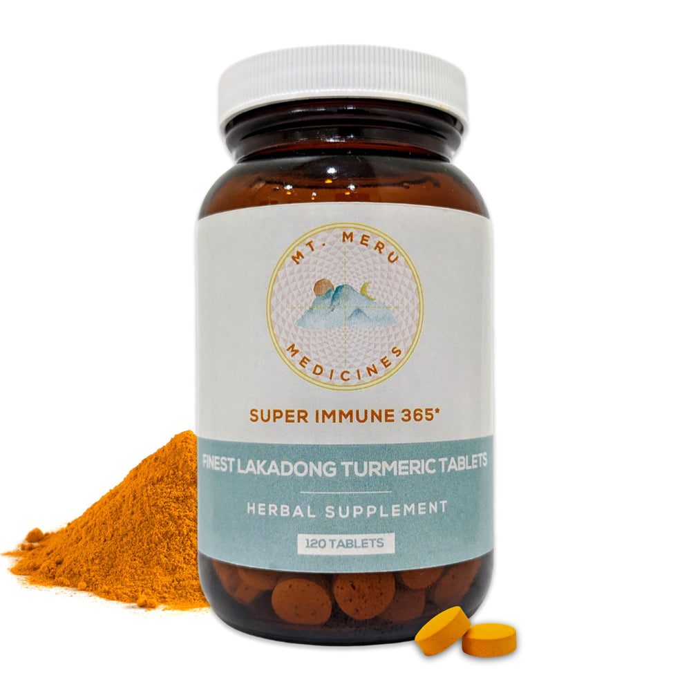 Mt. Meru Lakadong turmeric tablets in bottle highlight premium purity and single-origin quality.