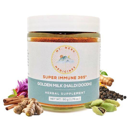 Mt. Meru Medicines Golden Milk Superblend tub ready to mix for a comforting latte