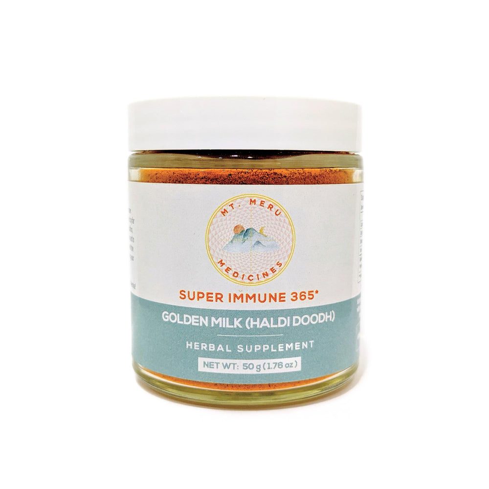 Mt. Meru Medicines Golden Milk Superblend box highlights immune-friendly and gut-friendly benefits