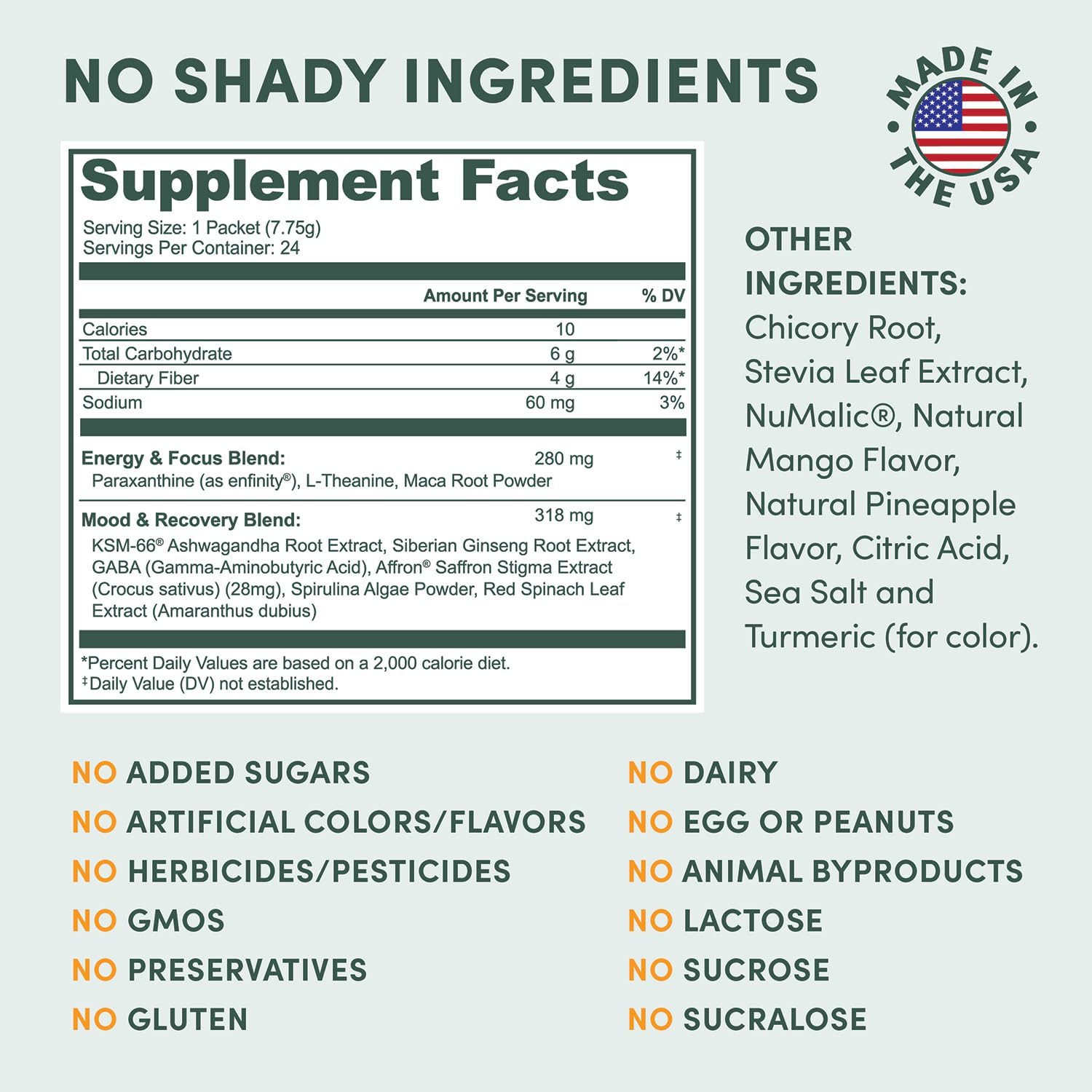 Ashwagandha, L-Theanine, and saffron blend for calm focus and mood.