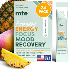 MTE energy drink powder canister shown for smooth, caffeine-free focus.