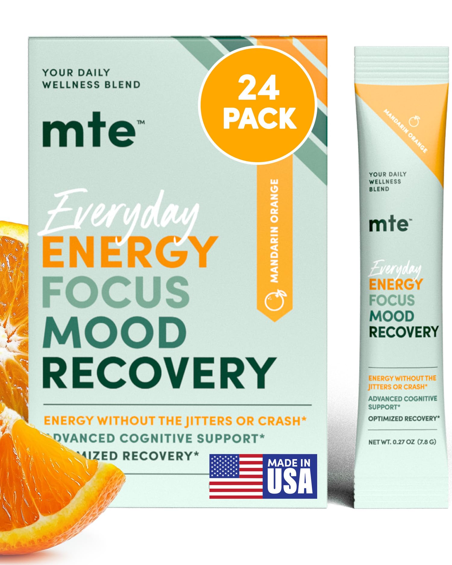 MTE healthy energy packets packaging for convenient, caffeine-free focus.