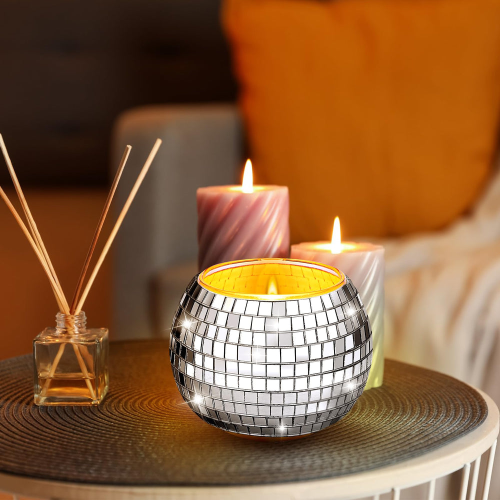 MTLEE disco ball candles in a 70s themed party setup