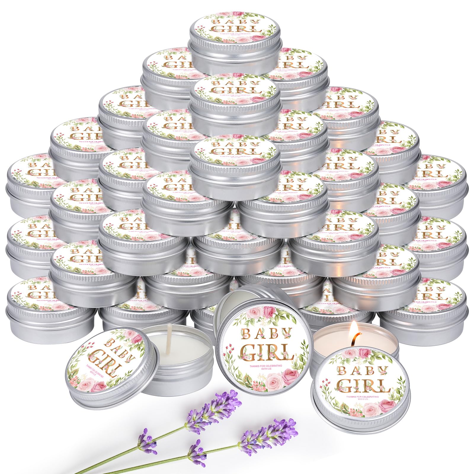 MTLEE baby girl shower candle tin 50pc pack for stylish party favors