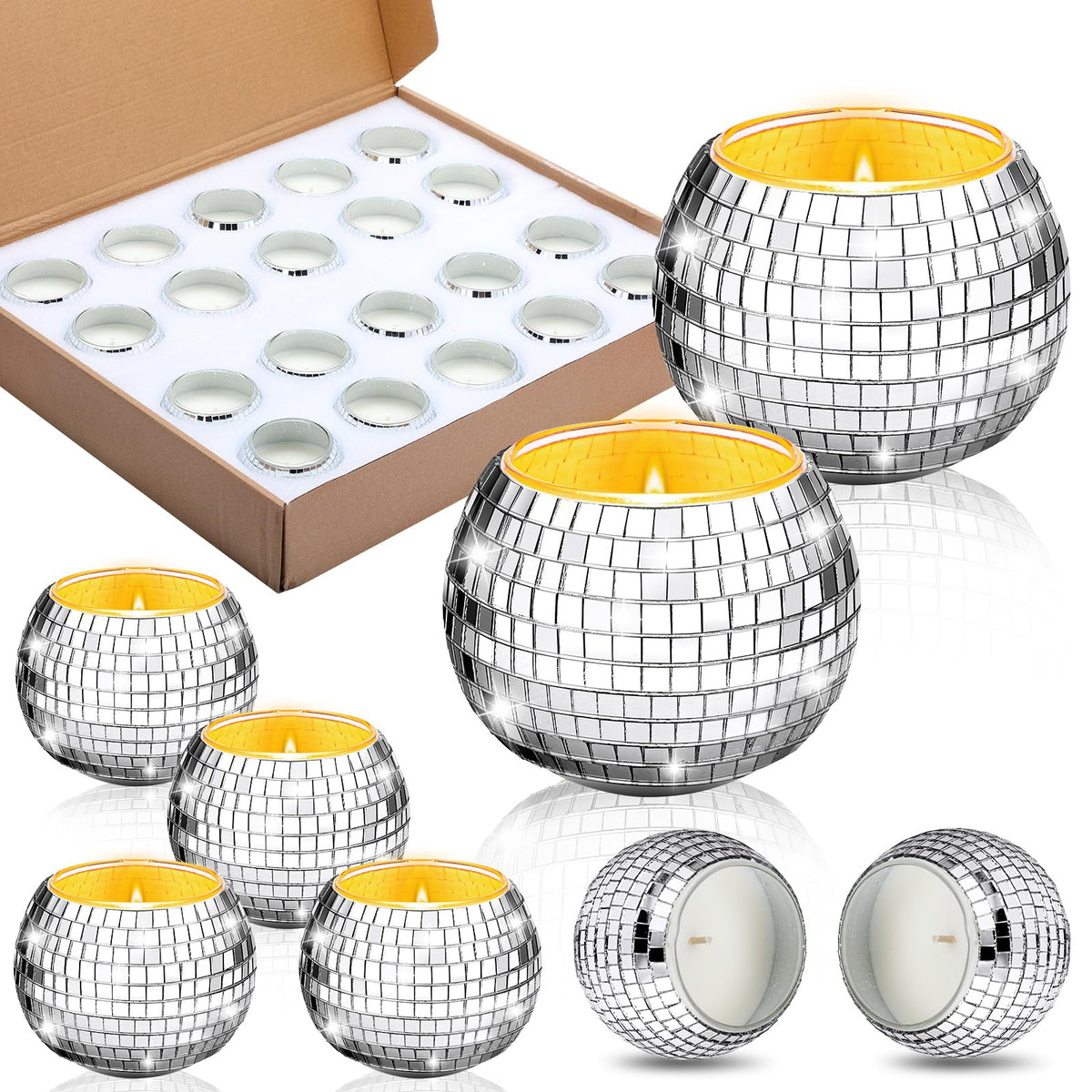 MTLEE disco ball candle packaging shown with safe compartments for shipping