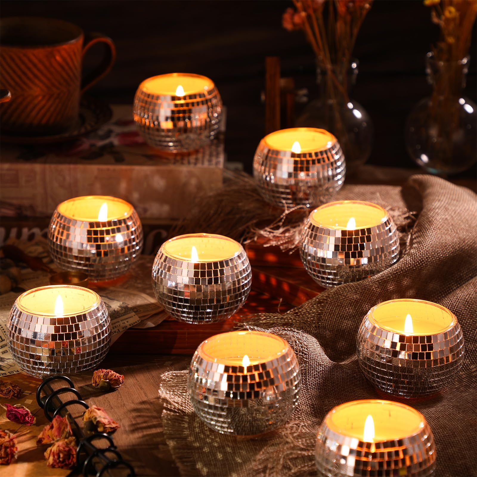 MTLEE disco ball candle reflection creates festive lighting on a wall