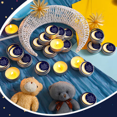MTLEE tin candle with a romantic moon pattern enhances cozy baby shower ambience.