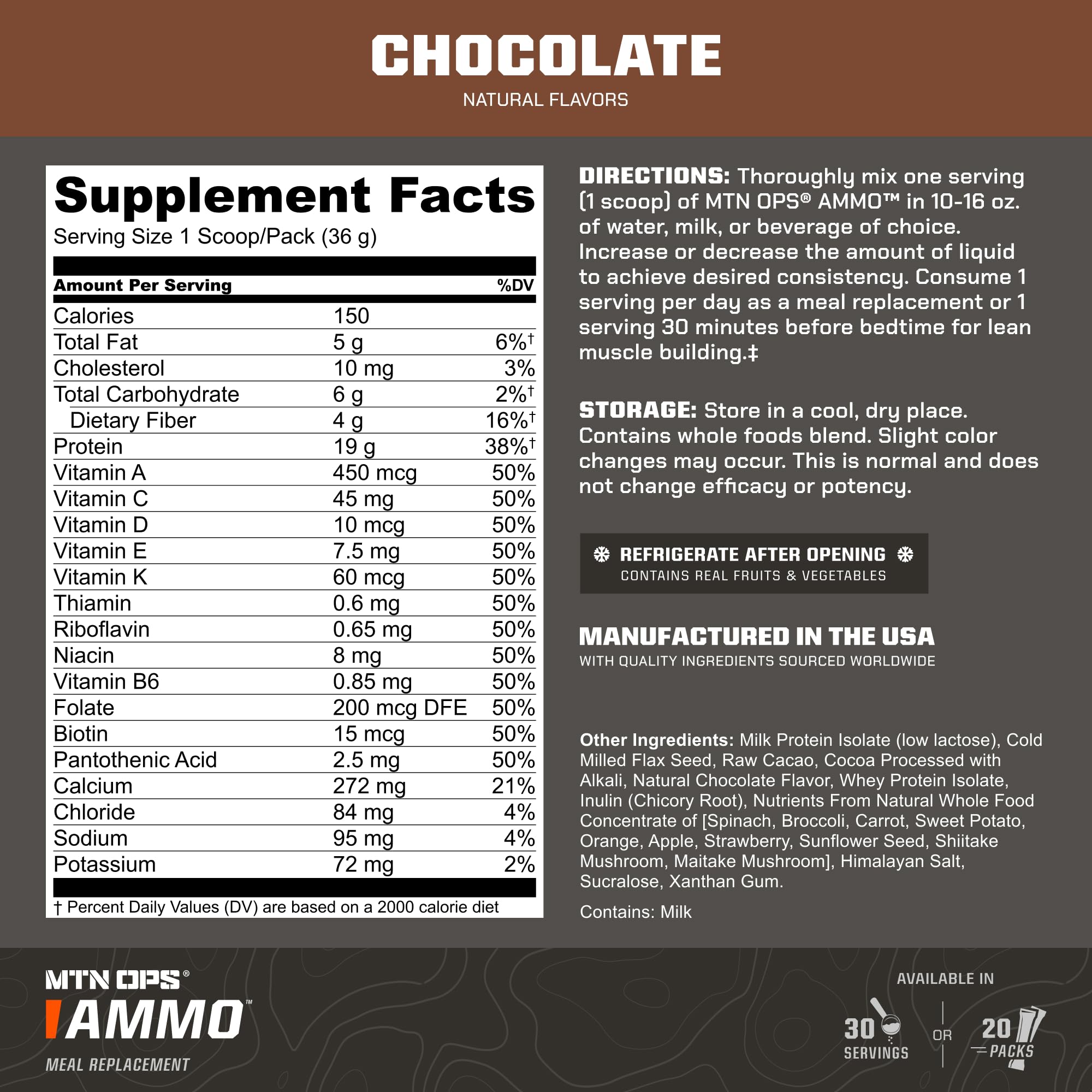 MTN OPS Ammo scoop close-up, easy-to-mix powder for quick meals.