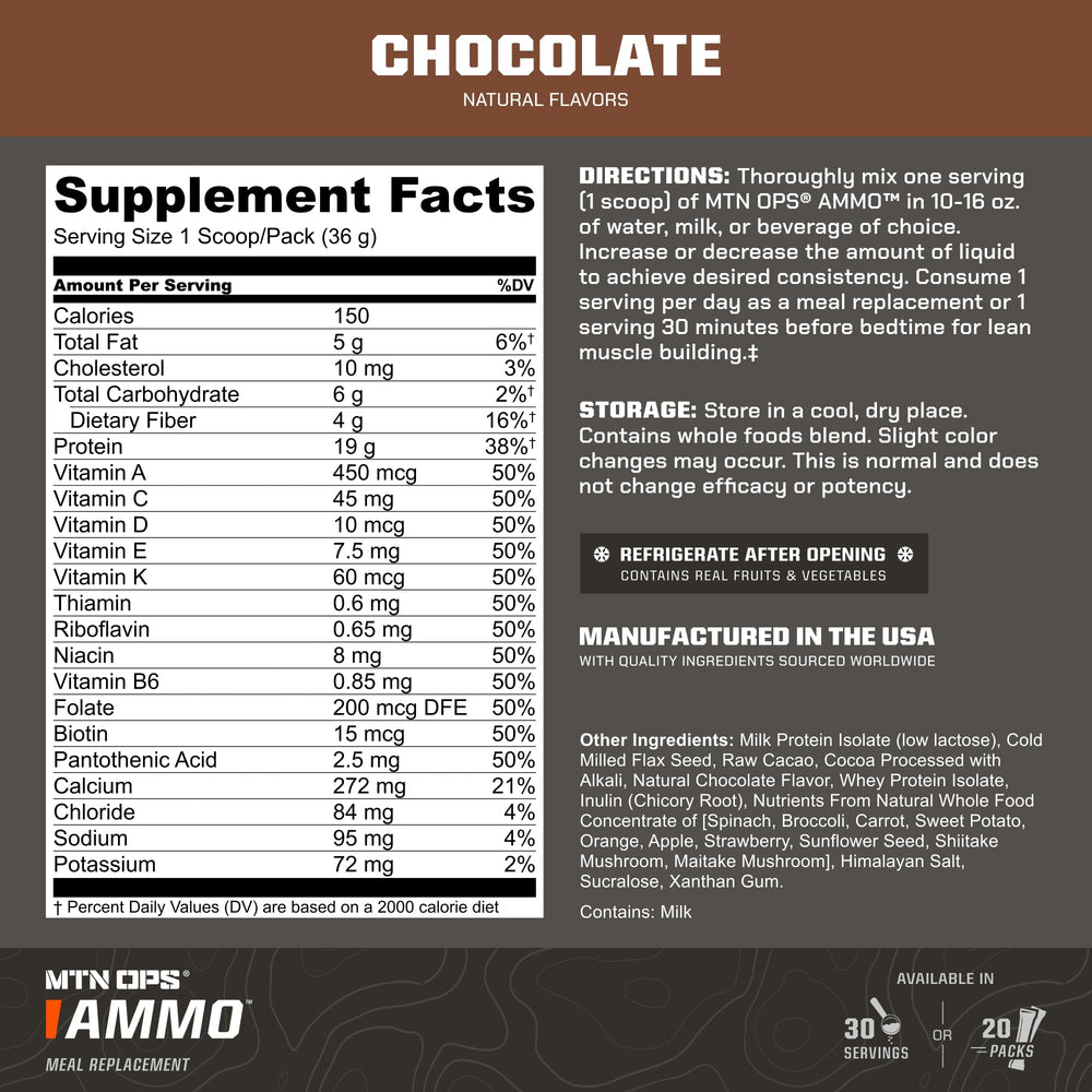 MTN OPS Ammo scoop close-up, easy-to-mix powder for quick meals.