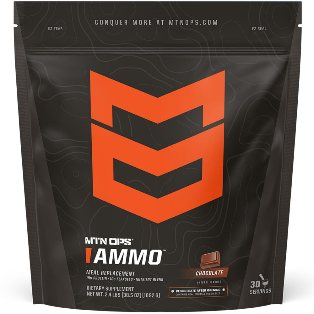 MTN OPS Ammo Meal Replacement chocolate tub front, high-protein meal option.
