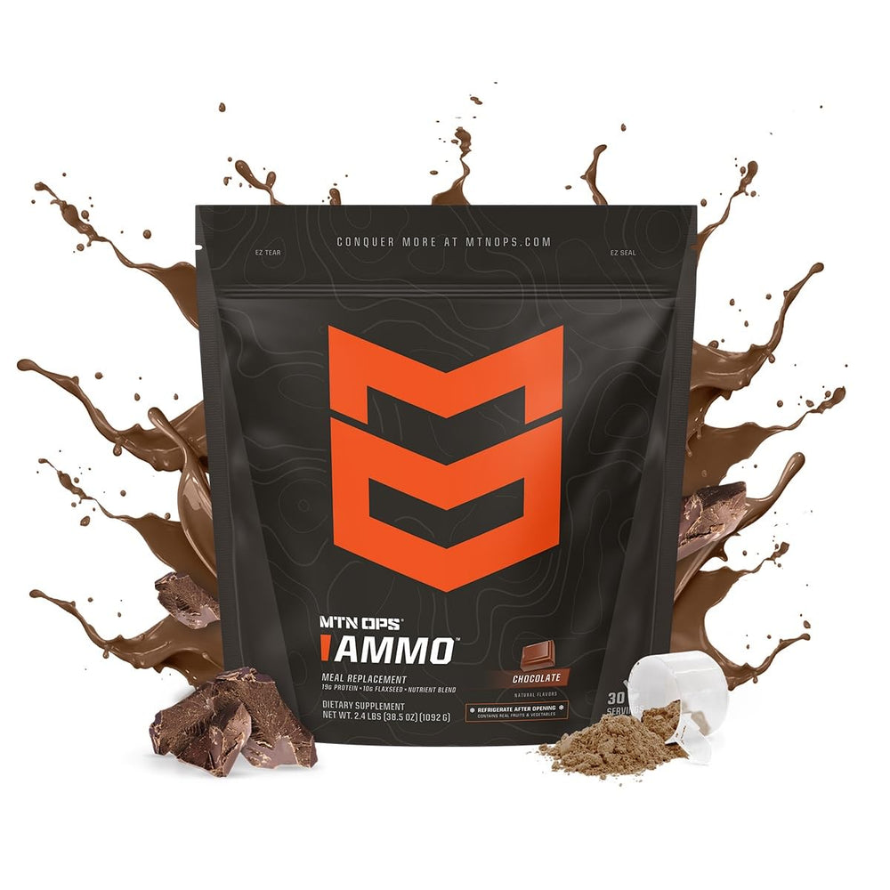 MTN OPS Ammo Meal Replacement label close-up with ingredients and nutrition.