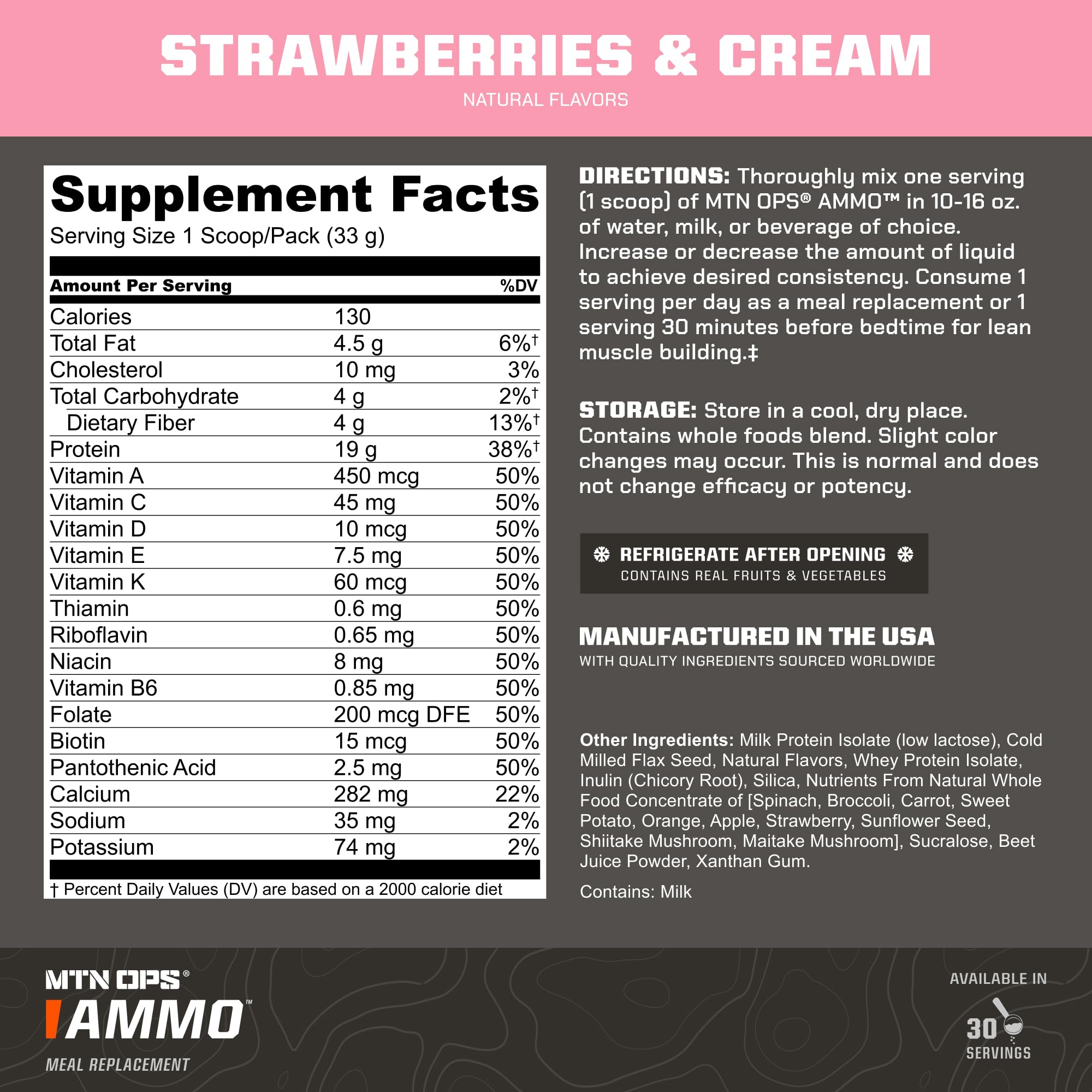 Close-up of MTN OPS Ammo label showing natural ingredients and nutrition details.