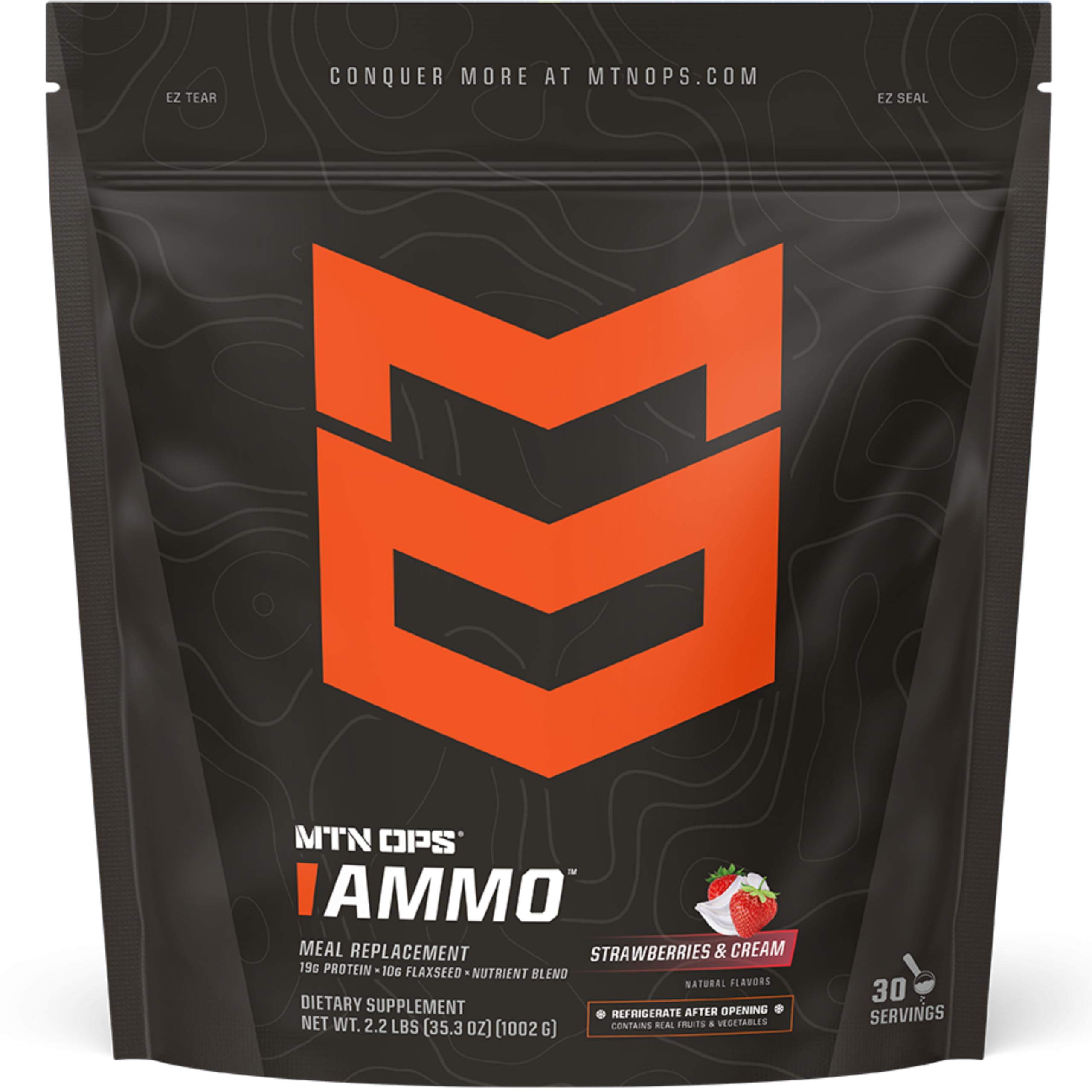 MTN OPS Ammo meal replacement shake can in strawberry cream flavor, protein-packed for on-the-go fuel.
