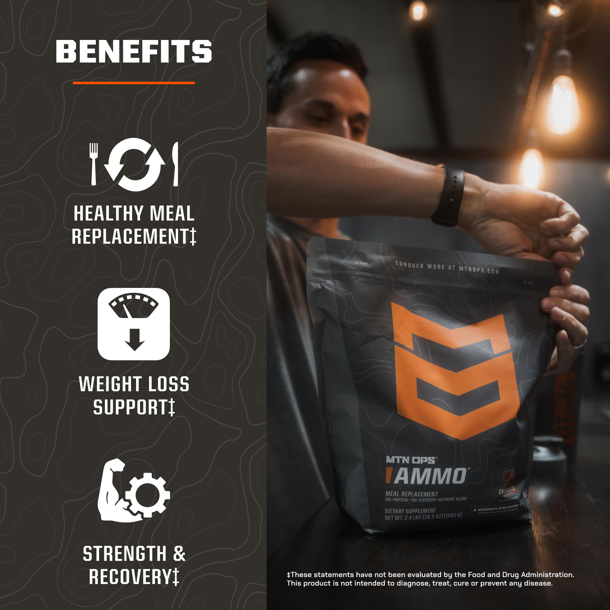 Close-up of MTN OPS Ammo whey protein blend and 19g protein per serving.