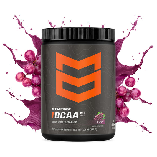 MTN OPS BCAA grape back label highlights gluten-free formula and 2:1:1 amino ratio.