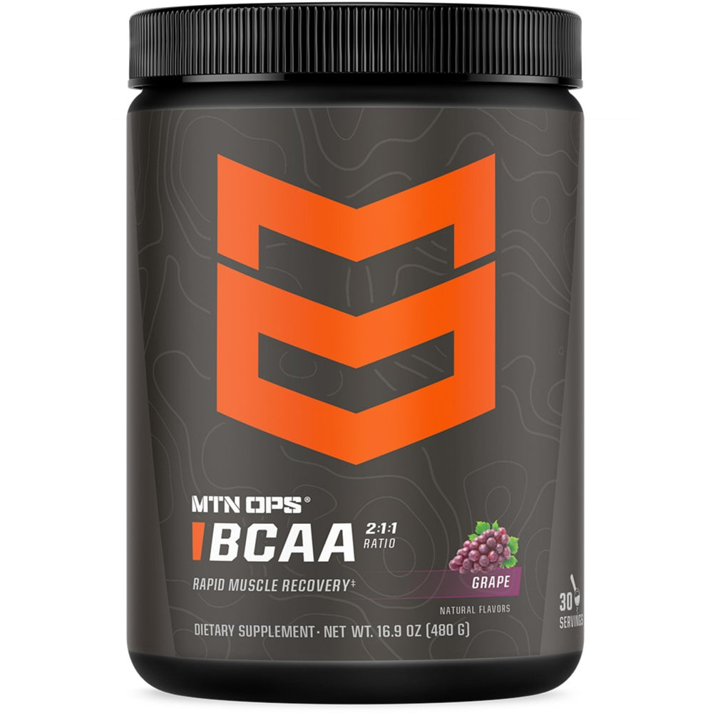 MTN OPS BCAA powder grape front view supports recovery and clean post-workout hydration.