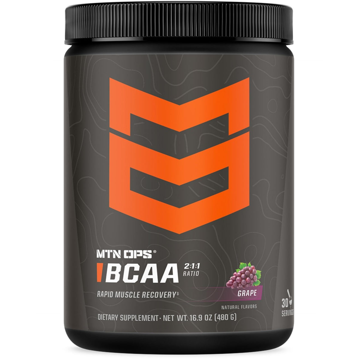 MTN OPS BCAA powder grape front view supports recovery and clean post-workout hydration.