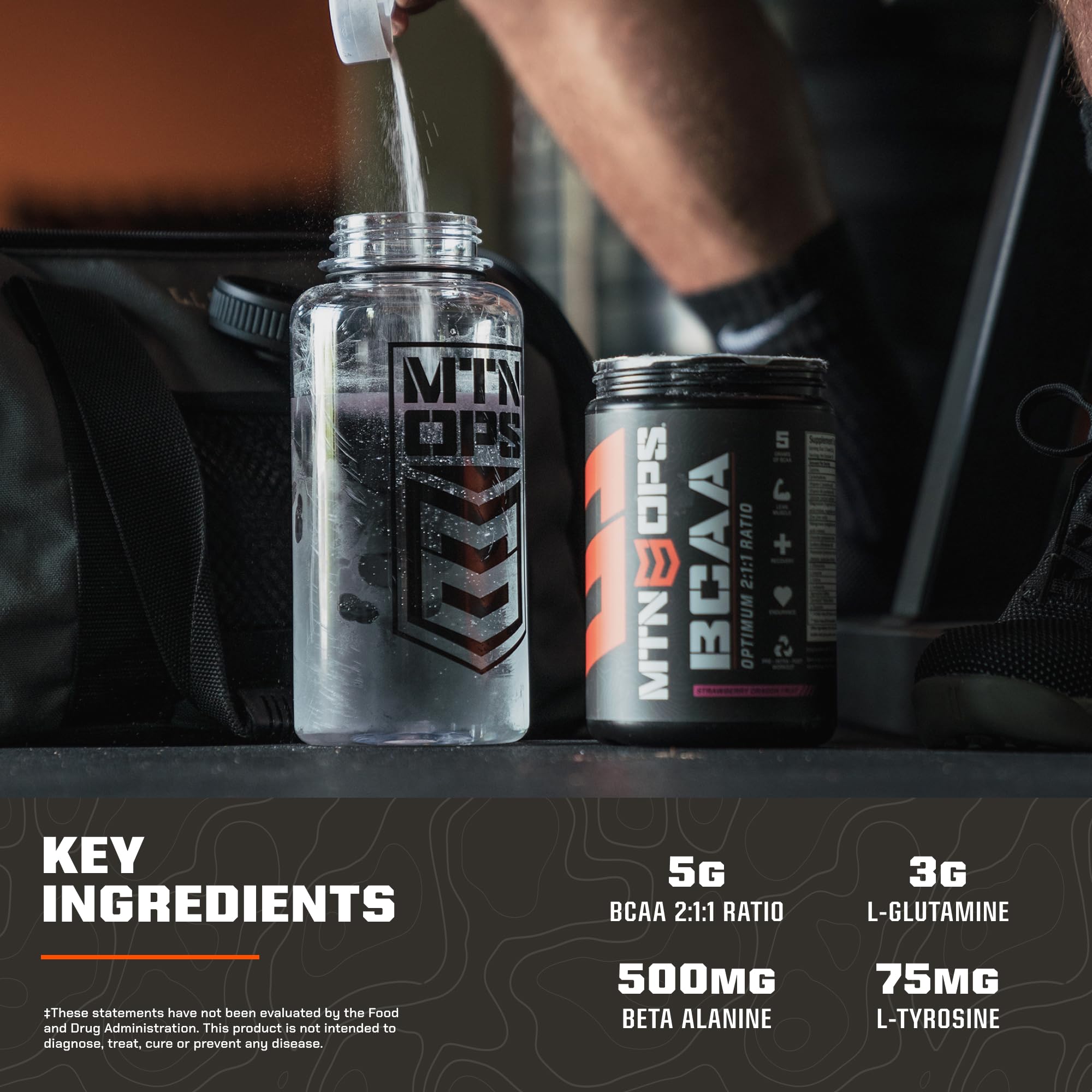 MTN OPS BCAA grape nutrition facts panel communicates serving size and ingredients.