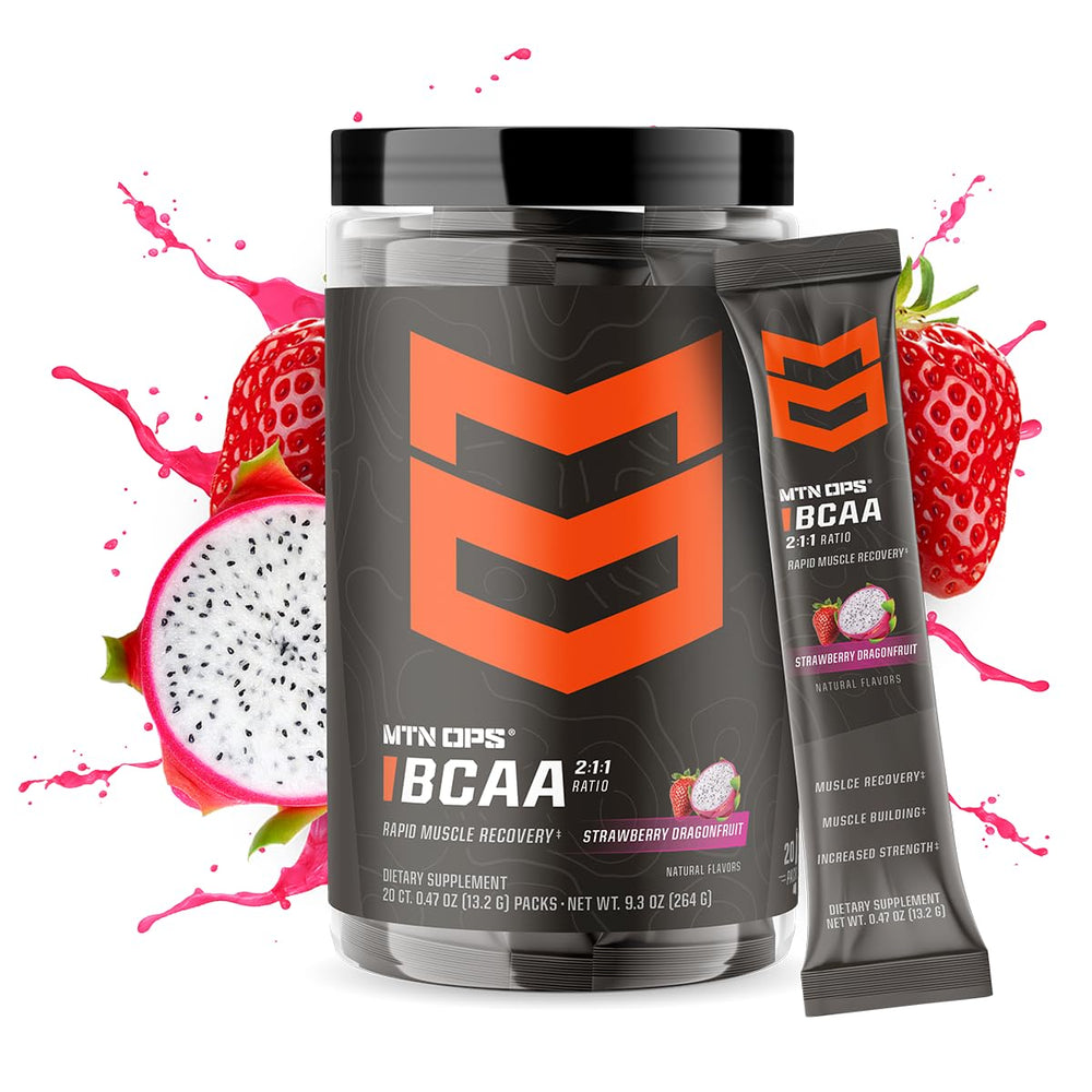 MTN OPS BCAA powder with quick-dissolve action for steady hydration during workouts.