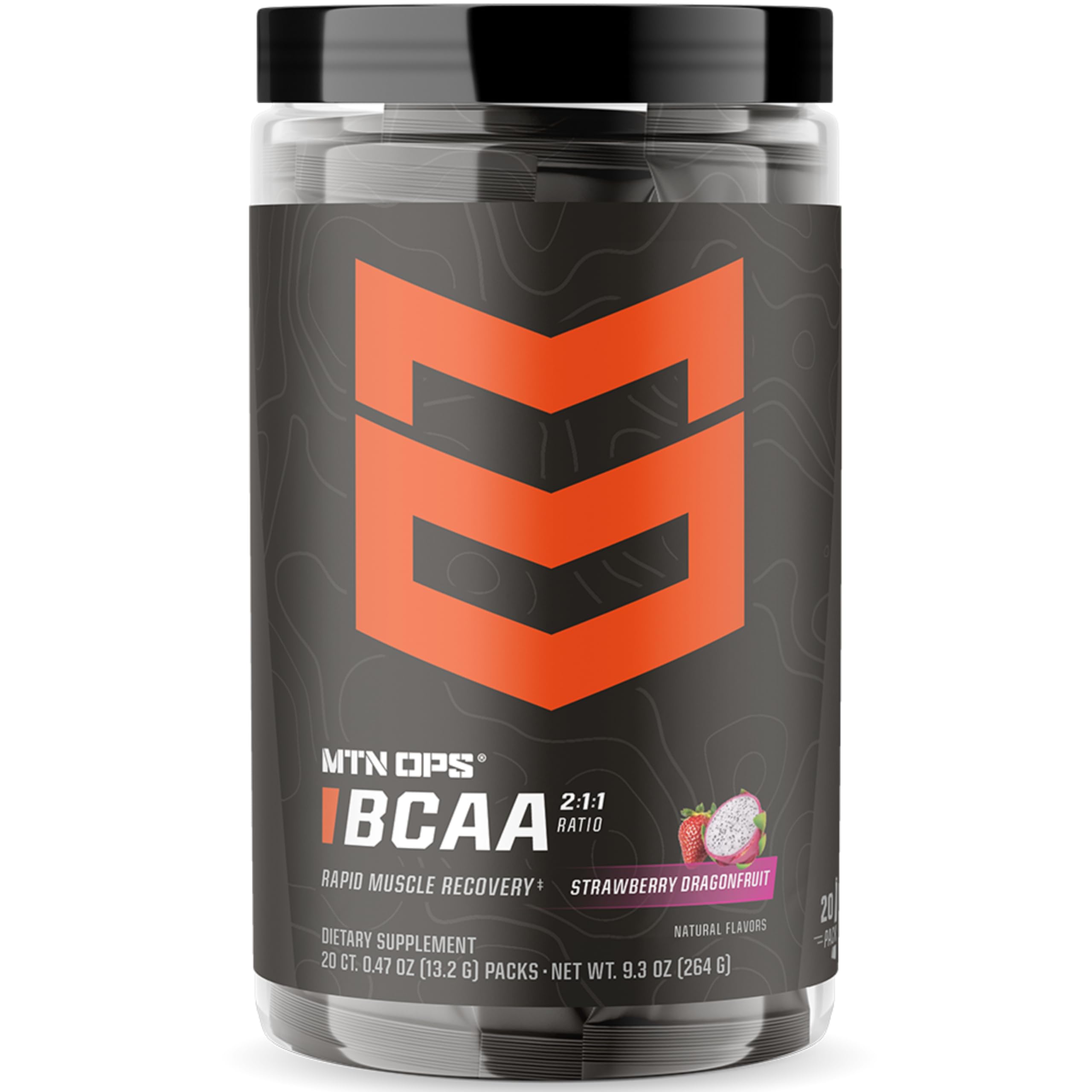 MTN OPS BCAA powder in strawberry dragonfruit trail packs for on-the-go recovery.