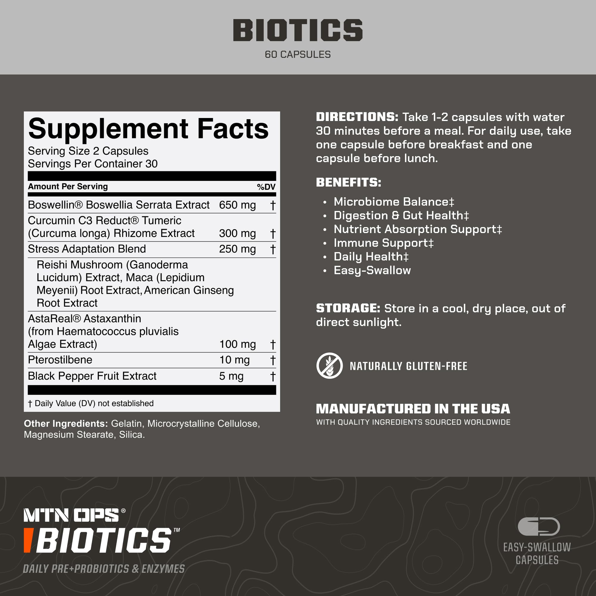 MTN OPS Biotics capsules close-up showing easy daily intake for digestive comfort.