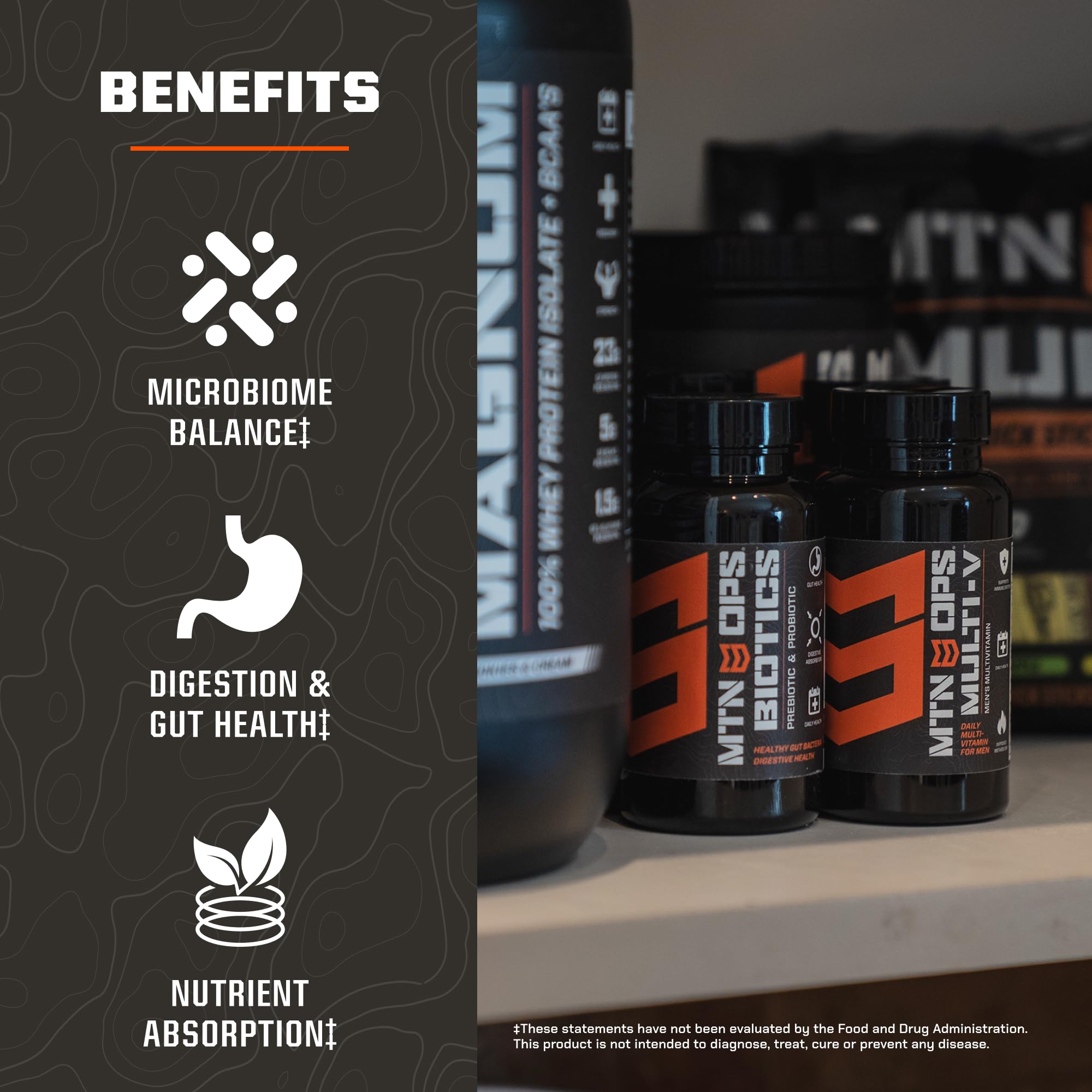 MTN OPS Biotics formula with maca root highlighted for energy and vitality.