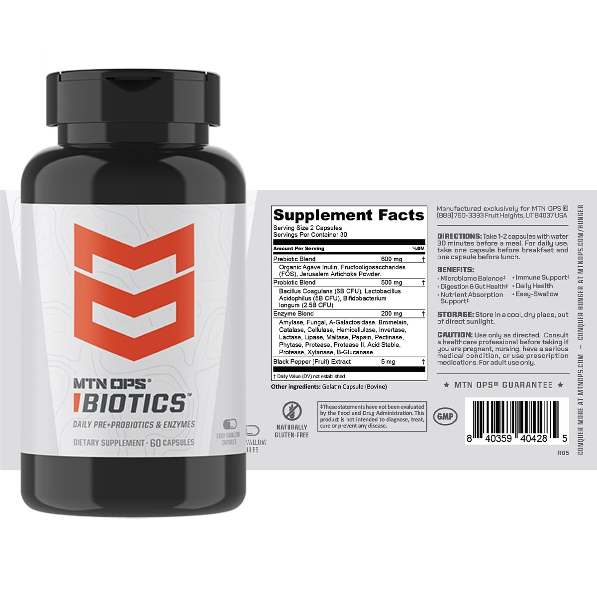 MTN OPS Biotics USA-made label signals high quality and safety.
