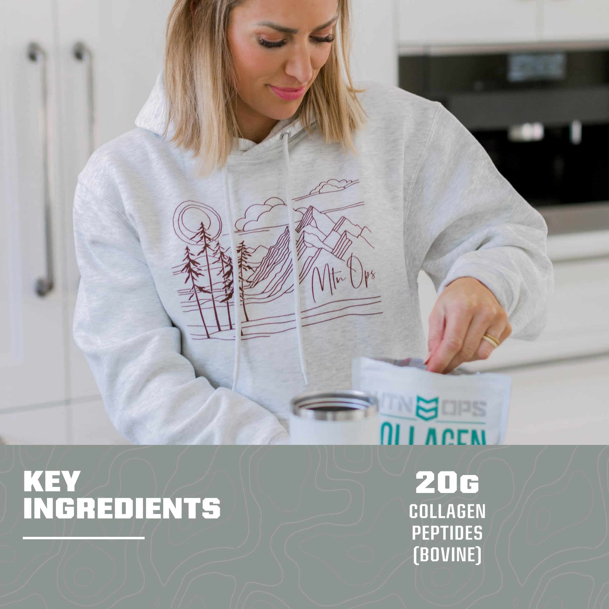 MTN OPS collagen mixed in coffee demonstrates zero sugar and paleo-friendly option.