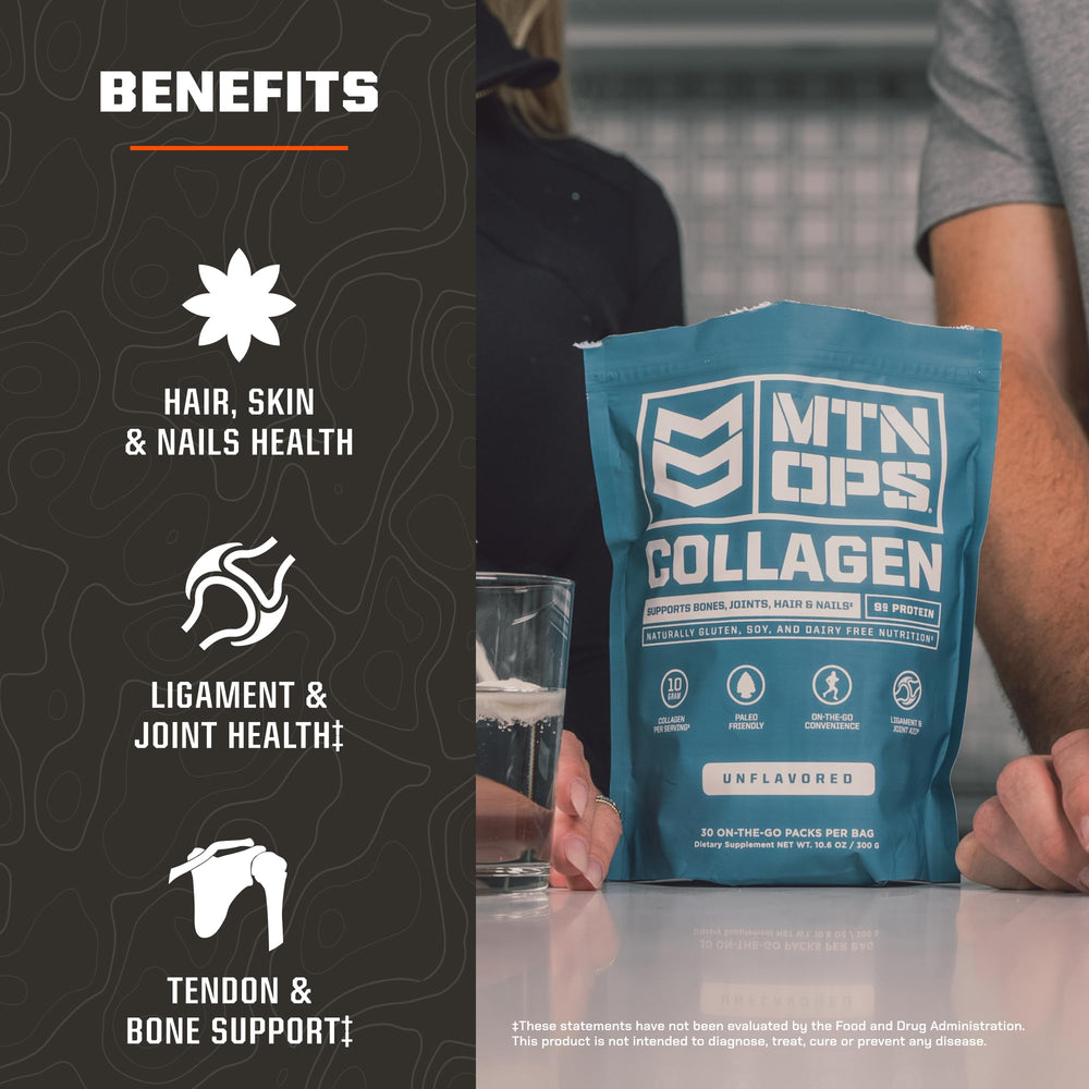 MTN OPS Collagen To-Go Stick added to coffee for a neutral protein boost