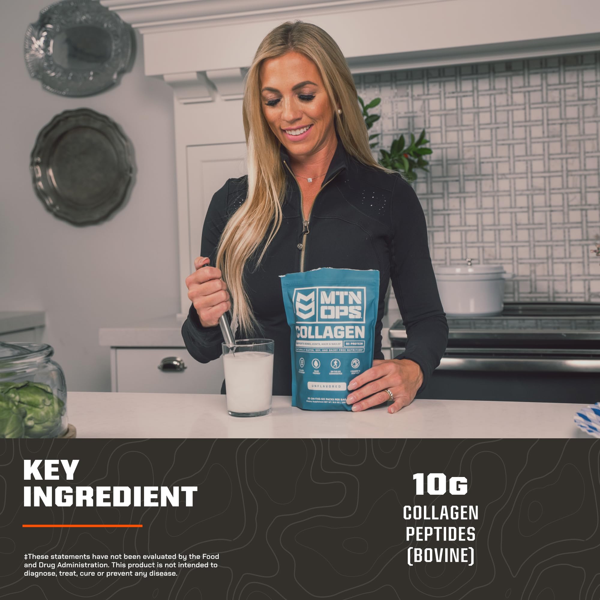 MTN OPS Collagen To-Go Stick stirred into a smoothie for joint-supporting nutrition