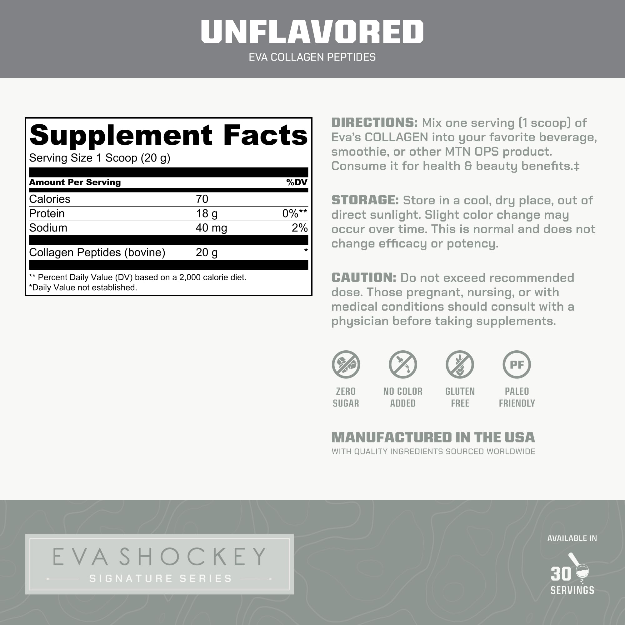 MTN OPS collagen tub front highlights 20g per serving for daily routines.