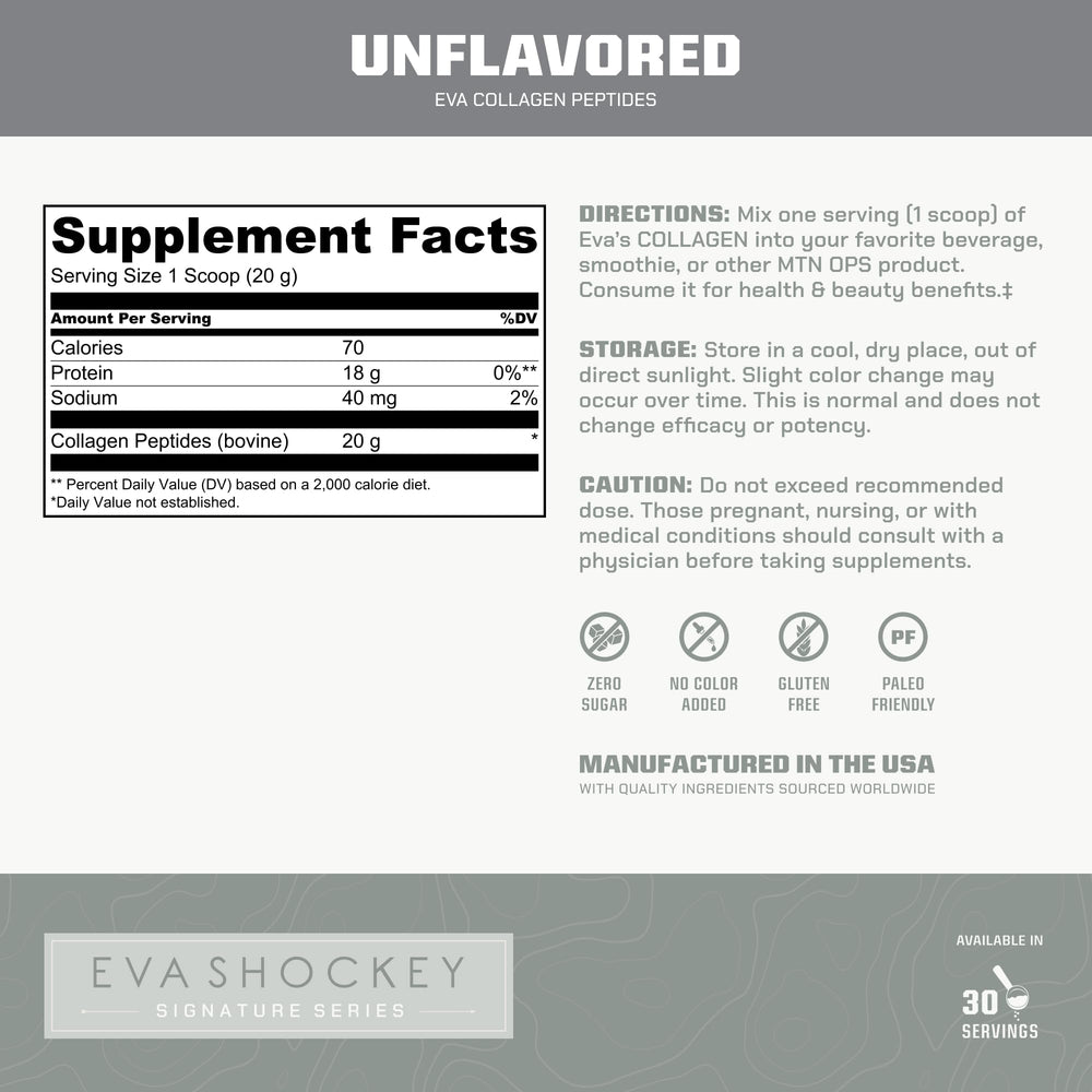MTN OPS collagen tub front highlights 20g per serving for daily routines.