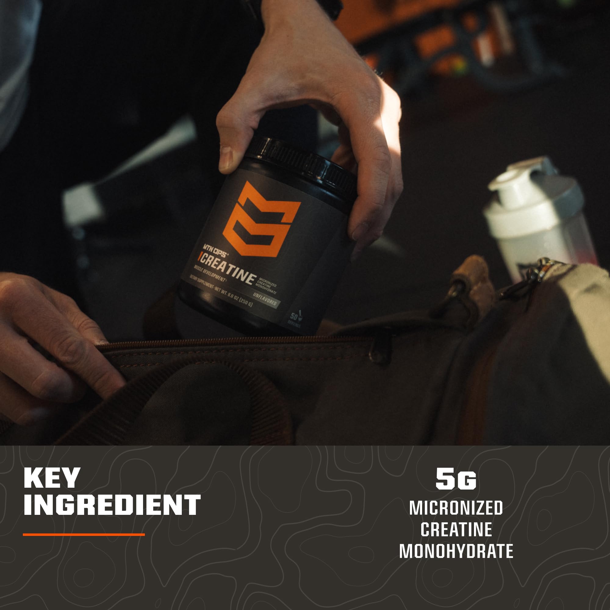 MTN OPS creatine micronized powder added to a shaker for blending