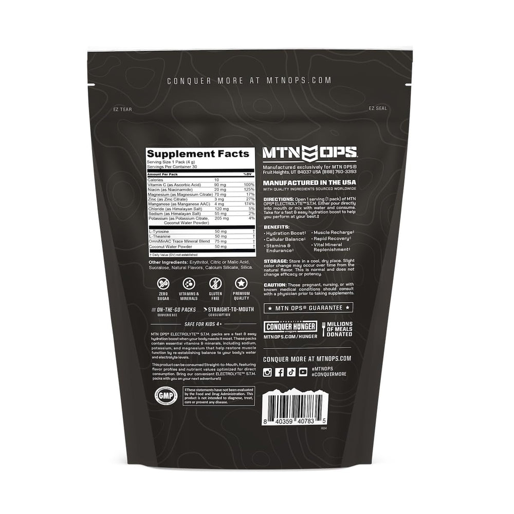 MTN OPS electrolyte packets offer convenient hydration with no added sugar.
