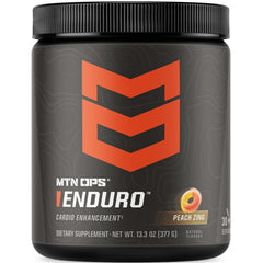 MTN OPS Enduro bottle closeup, stimulant-free formula with peach zing