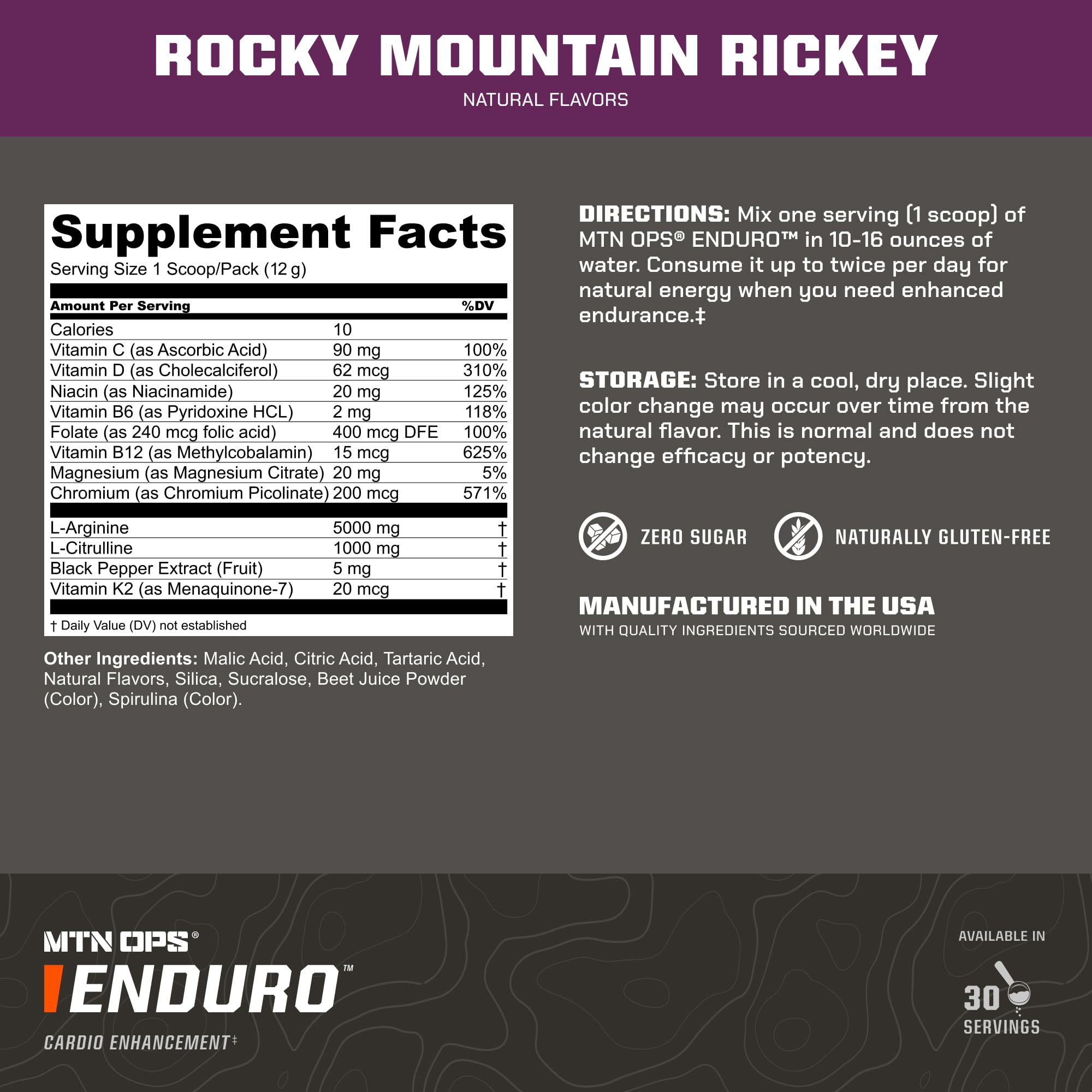 MTN OPS Enduro ingredients panel highlights L-Arginine and L-Citrulline.