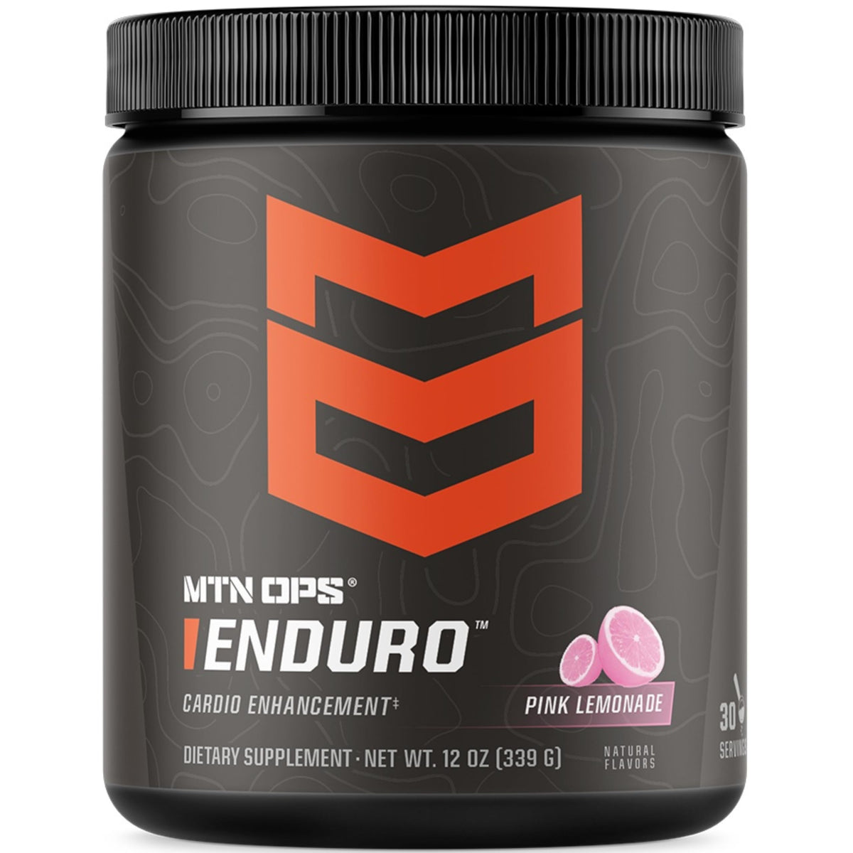 MTN OPS Enduro Pink Lemonade tub highlighting a gluten-free, stimulant-free pre-workout option.