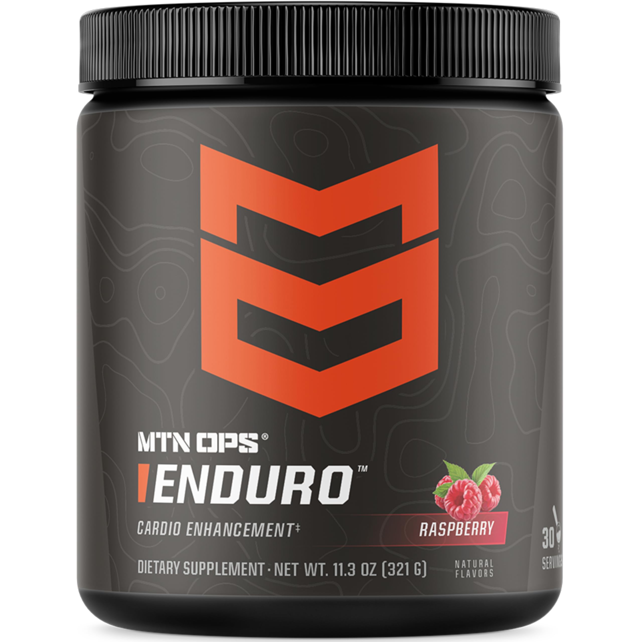 MTN OPS Enduro Raspberry tub shows 30 servings for non-stim energy support.