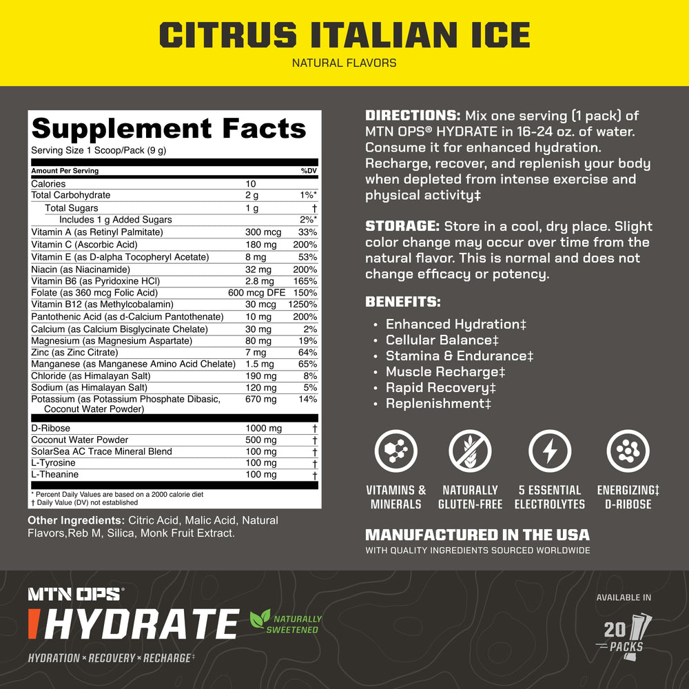MTN OPS Hydrate Citrus Italian Ice delivers a refreshing, sugar-free flavor experience.