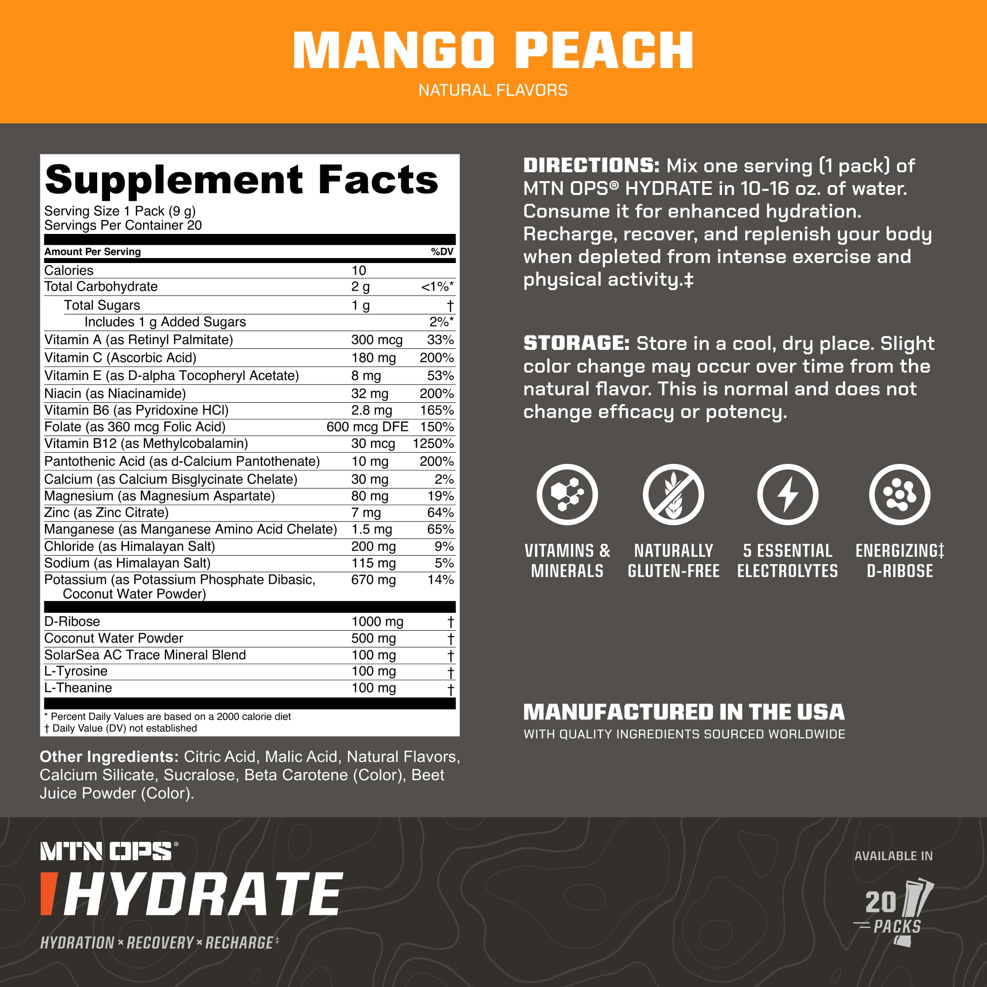 MTN OPS Hydrate glass filled with mango peach drink ready to sip