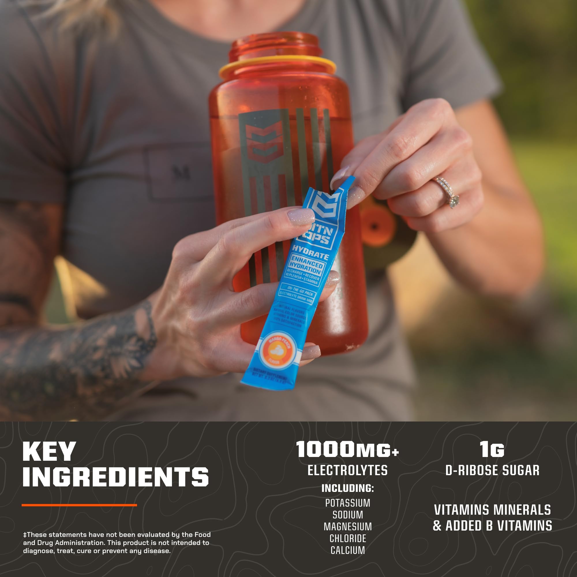 MTN OPS Hydrate gym bottle-mixed drink ready for training.