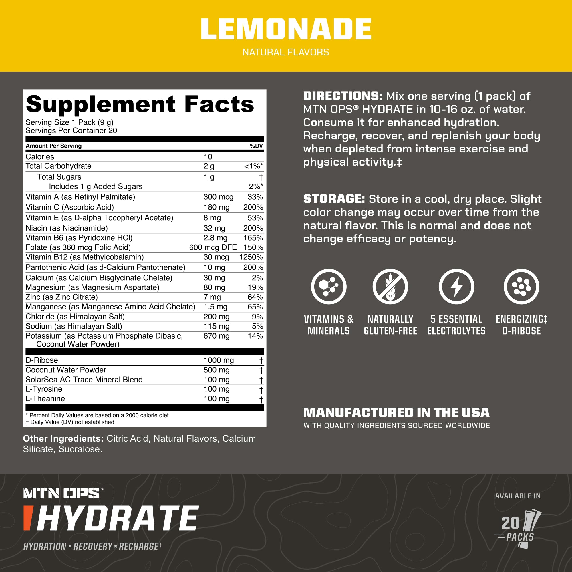 MTN OPS Hydrate lemonade powder being poured into a bottle for rapid absorption