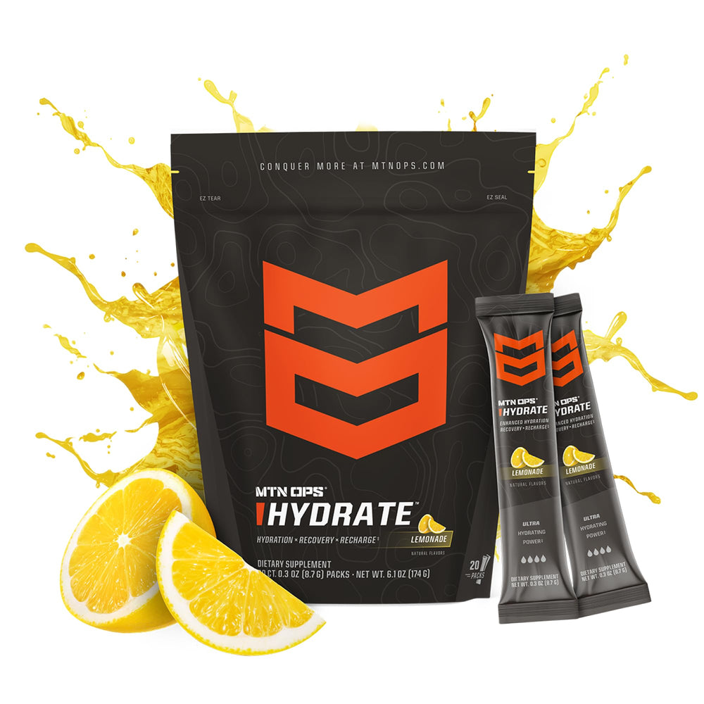 MTN OPS Hydrate lemonade sachet close-up highlighting portable electrolyte convenience