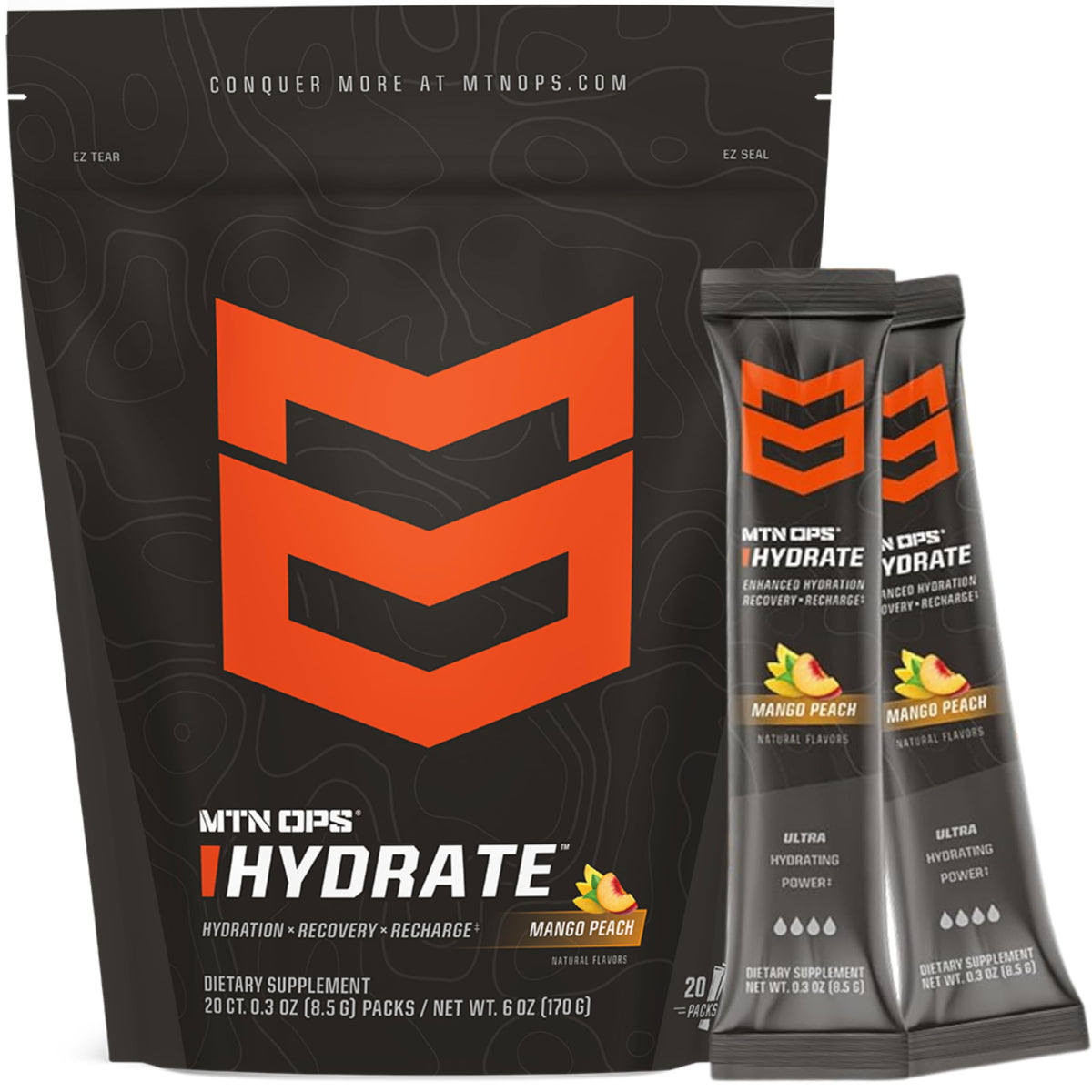 MTN OPS Hydrate mango peach pack with convenient single-serve sachets for on-the-go hydration