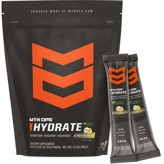 MTN OPS Hydrate on-the-go packs ready for quick hydration during workouts or commutes.