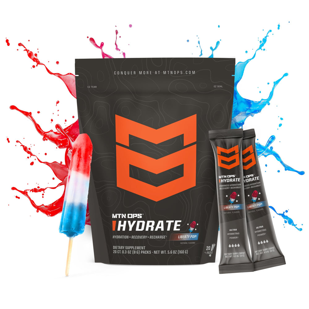 MTN OPS Hydrate packaging close-up highlights convenient on-the-go electrolyte packs.