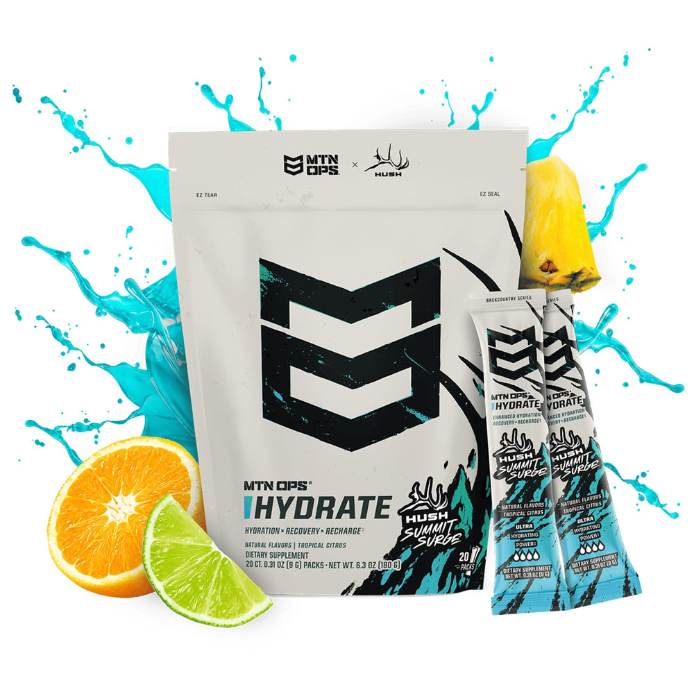 MTN OPS Hydrate being poured into water for fast refreshing drink.