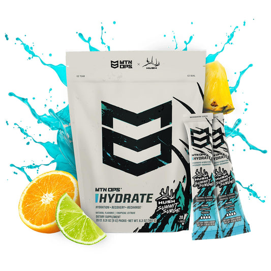 MTN OPS Hydrate being poured into water for fast refreshing drink.