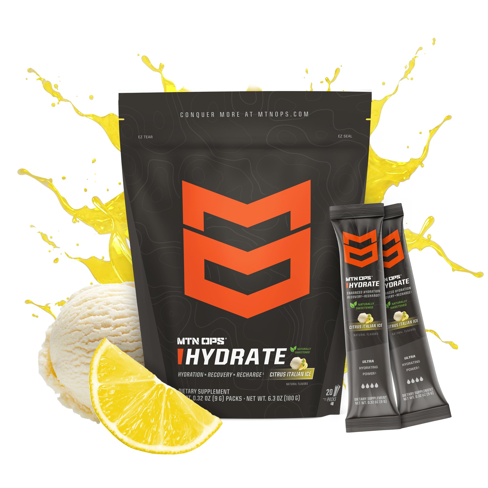 MTN OPS Hydrate powder dissolving in water for fast electrolyte replenishment.